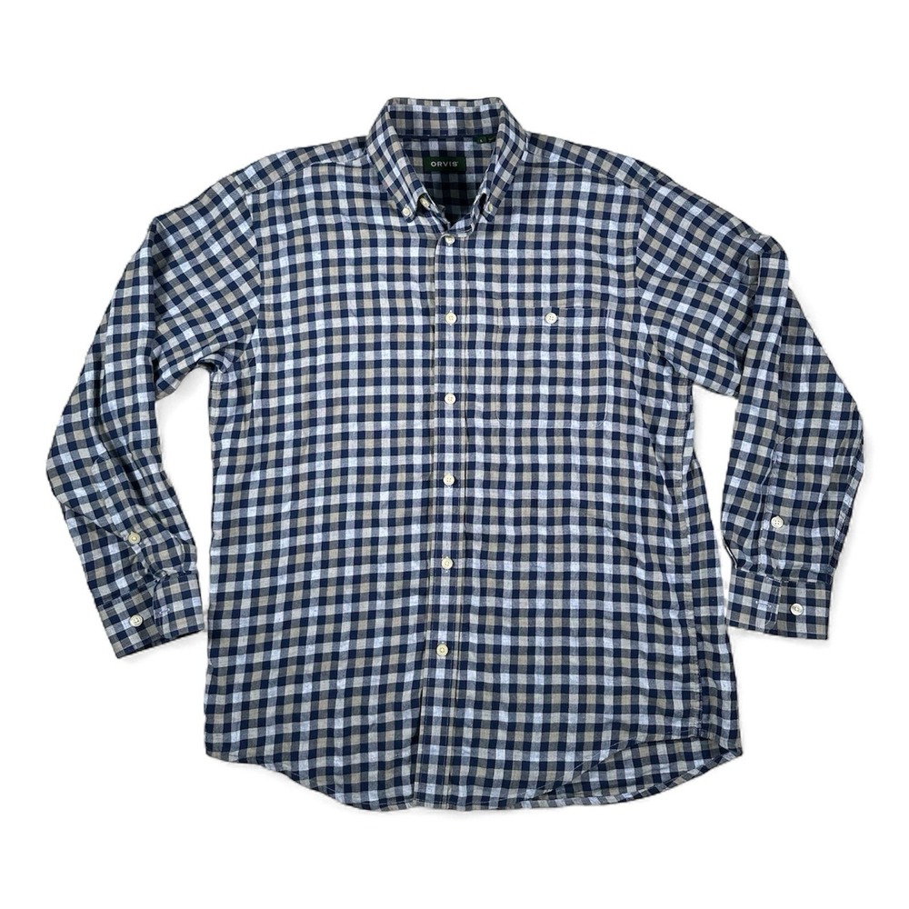 Orvis Mens Gingham Button Down Shirt Large Navy Blue Tan Cotton Lyocell